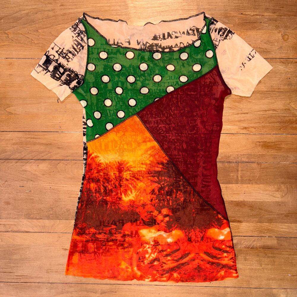 Vintage Jean Paul Gaultier Soleil Patchwork Mesh Top Polka Dot Sunset Hula RARE